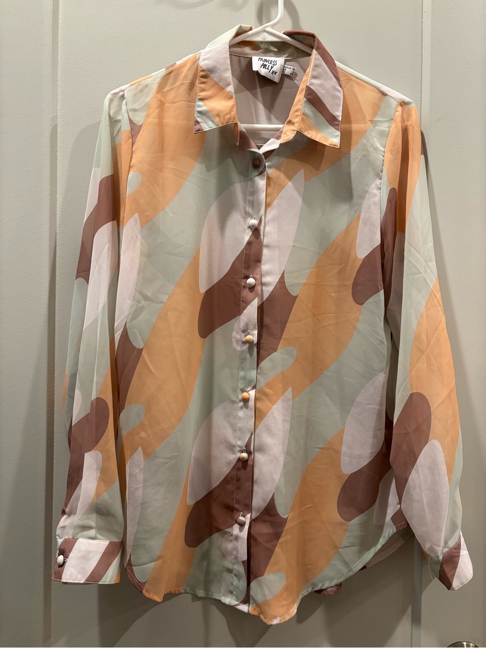 Princess Polly Abstract Camp Button-Up Blouse in Peach, Sage & Brown